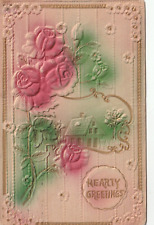 POSTCARD Hearty GreetingFlower Roses House Embossed picture