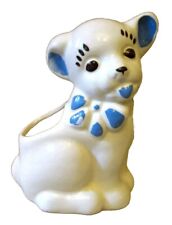 VINTAGE PUPPY DOG PLANTER. VASE CERAMIC WHITE BLUE HAPPY DOG 7.25