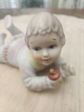 Vintage 1960s Bisque Piano Baby Girl In Pink Dress W/ Yellow Trim picture