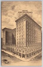 Sketches~Air View Hotel Fort Des Moines @ Des Moines Iowa B&W~Vintage Postcard picture