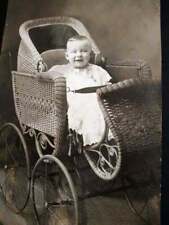 RPPC Baby in Fantastic Wicker Carriage Pram Antique Real Photo Postcard c 1910 picture