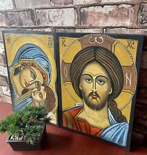 Jesus Christ and Virgin Mary Hand Painted Icons Handmade Religious Gift picture