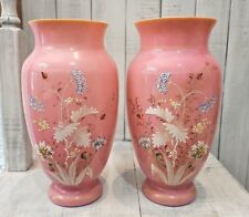 2 Antique Bristol Vase Pink Milk Glass Hand Painted Flowers Ladybug Hand Blown picture