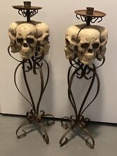 2 VINTAGE Halloween 4 Skull Candle Skeleton Candlestick Stand Spooky Decor picture