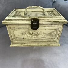 Antique Lerner White Gold Shabby Plastic SEWING BOX Chest Hammered Metal Closure picture