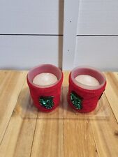 2 Red velvet Christmas stocking frosted glass votive candle holders 3
