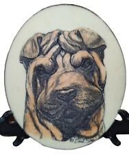 VTG Earl Sherwan Etched Dog Plaque Shar Pei Oval Marvetti Cultured Marble USA picture