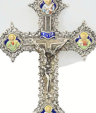 1900s Antique Enamel Silver Four Apostle Crucifix Crucifixion Christ Reliquary picture