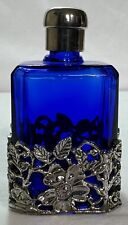 Vintage Cobalt Blue Perfume Bottle Encased in Silver Tone Frame Flower Filigree picture