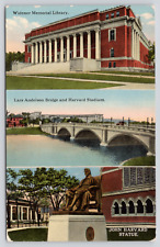 Harvard University Multiview Library Bridge Stadium & Statue c1920 MA Postcard picture