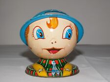 NICE VINTAGE 1950'S  TIN LITHO BOY with HAT NOVELTY  BANK picture