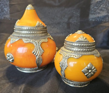Vintage Pair Tibetan Nepali Orange Stone Jar / Trinket Box / Urn w Silver Tone picture