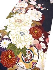 u061-a_Unused Japanese Kimono Fabric_Silk,Dark Blue,Peony,Tsuzumi,Yuzen,98 cm picture
