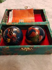 Pair of Chinese Stress Balls Chime Music Chrome Metal Health Cloth Covered Box picture