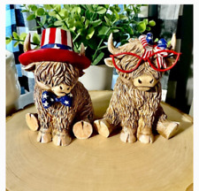 Set of 2 Patriotic Highland Cow Figurines 4th of July Statues USA America Gift picture