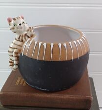 Vintage Clay Planter with Climbing Cat & Raised Enamel Design, Japan, Very RARE picture