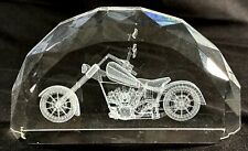 Vintage Faceted 3D Etched Motorcycle Hologram Crystal Glass Paperweight 6” Long picture