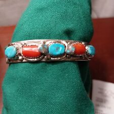 Effie Calavaza  Zuni Turquoise Coral Silver Bracelet Artist Signed  With Reciept picture