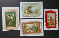 1880s Lot of 4 Victorian Girl & Boy  Valentines & Christmas Silk Fringe Cards picture