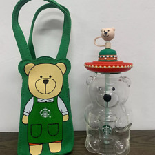 Starbucks Cute Lami Bear Glass Coffee Cup With Bear Straw Topper Green Carry Bag picture
