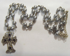 vintage Christian Gothic Cross pendant faux grey pearls religious necklace 53149 picture