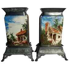 Antique French Art Pottery Barbotine Vases Silverplate Mounts picture