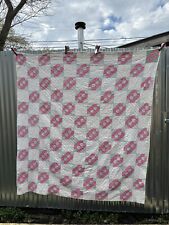 Antique 1930s Hand Quilted Jacobs Ladder Quilt 78x70  full Pink White Patchwork picture