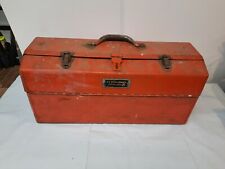Vintage Orange Metal Toolbox Tombstone  Folding Trays Lockable 21