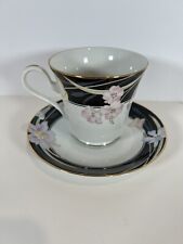 Vintage Mikasa ‘Black Charisma’ L9050 Tea Cup & Saucer Gold Rimmed & Flowers picture