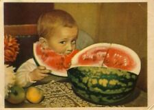 1955 Children card Little Boy Delicious Watermelon Vintage Greeting Postcard picture