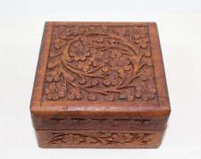 Vintage Hand Carved Wooden Trinket Box Square With Flower Design picture