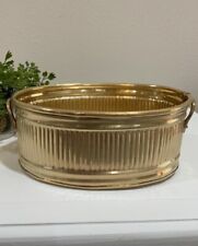 Vtg Solid Brass Ribbed Oblong Planter Container With Handles Polished Made India picture