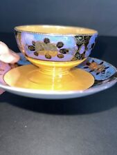 Vintage TT Takito Japan S/3 Hand Painted Lusterware Tea Cups/Saucers Blue Orange picture