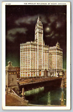 c1940s Wrigley Building Night Chicago Illinois Illuminated Vintage Postcard picture