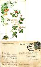 Christmas Greetings~holly~vine gold bells~c1910 to OM EDWARDS Normal Illinois picture