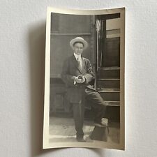 Antique Snapshot Photograph Teen Shoe Shine Boy Outside Train Occupational picture