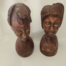 Hand Carved Hard Wood African Art Head Bust Sculpture Male &Female Figurines vtg picture
