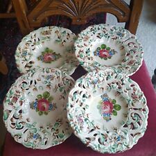 Four Vintage Glazed Hand Painted Floral Reticulated  Plates ITALY 8.5