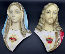 Vtg. Circa 1950s Jesus & Virgin Mary Sacred Heart Chalkware Wall Plaques picture