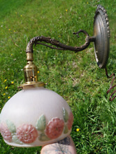 C 1920 IRON Articulating Wall Sconce Light Fixture Lamp & Reverse Painted Shade picture