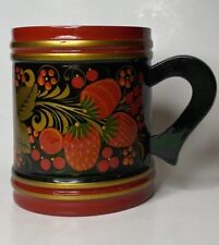 Vintage Khokhloma Signed Mug Hand Painted Russian Lacquer ware Strawberries Wood picture