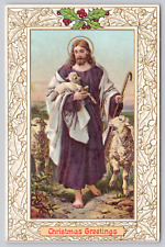 Postcard Christmas Greetings Jesus Holding Baby Lamb picture