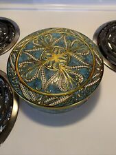 Vintage Daher Round Tin Canister w/ Lid Made in England Decorative Aqua Gold 8” picture