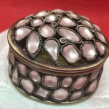 Vintage Trinket Box Metal Enamel Jeweled Satin Pink Crystal Glass Stone Jewelry picture