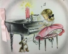 1950's Hallmark Greeting Card Cute Girl Playing Piano Dog Puppy Singing Barking picture
