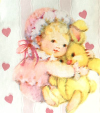 Baby Shower GiftWrap Wrapping Paper Vtg Sweet Girl & Bunny 2 1/2 ft x 3 ft  Pink picture