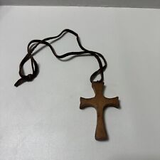 Hand Carved Wooden Cross Pendant 4” Jesus Cross  18” Leather Necklace picture