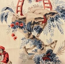 SCHUMACHER Plaisirs de la Chine Bleu Rouge Chinoiserie Linen Remnant New picture