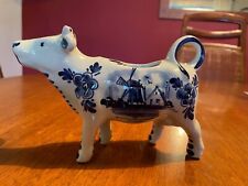 Vintage Delft Holland Windmill Hand Painted Ceramic White Blue Cow Creamer picture