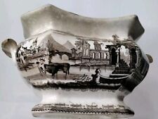 Antique English sugar bowl Transferware flower vase Abbey Ruins cows chippy 1838 picture
